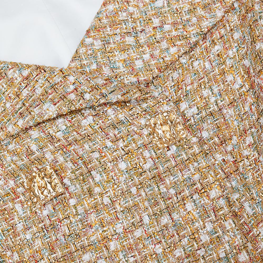 Altın Simli Bukle Omuz Açık Mini Elbise