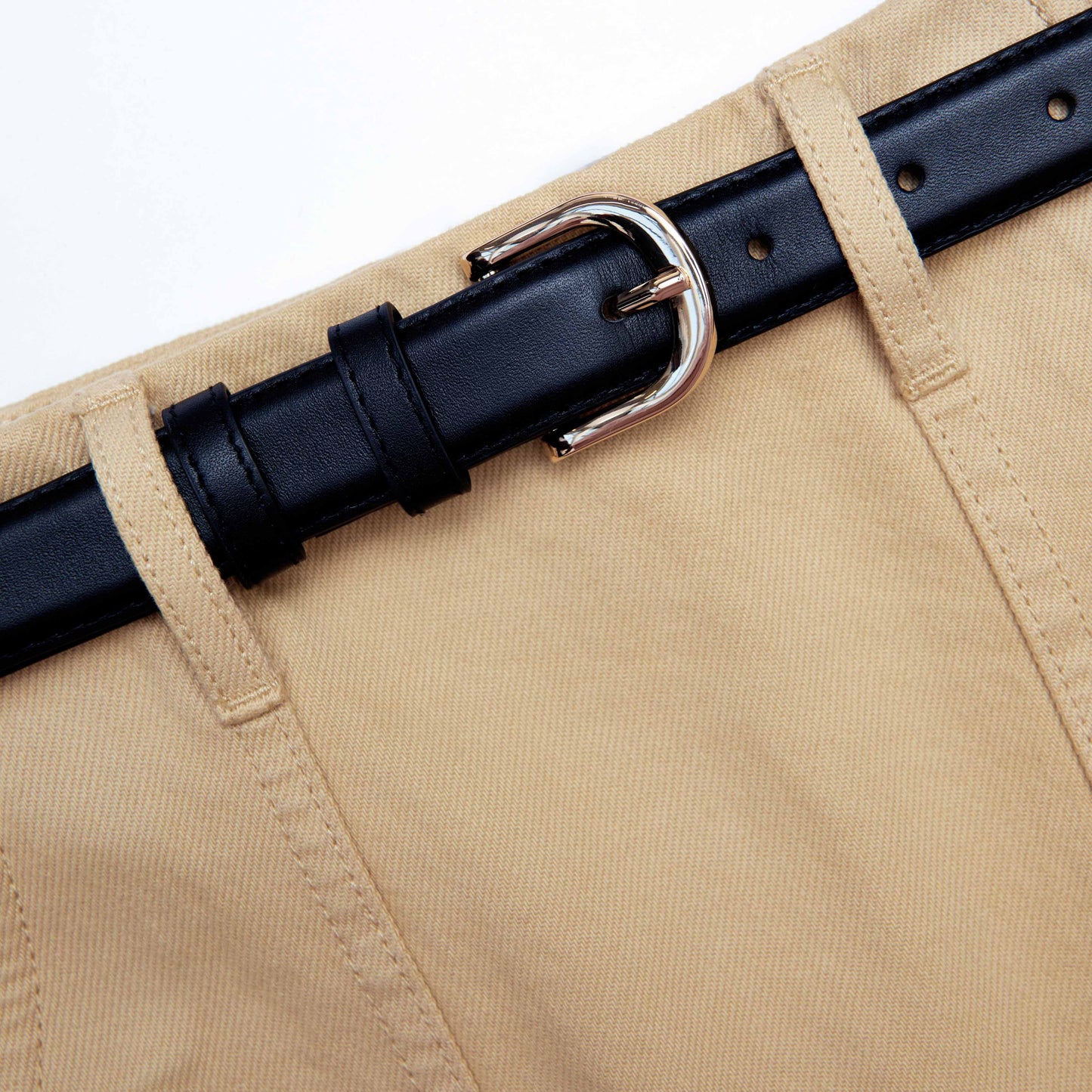 Bej Kot Kemerli Mini Etek