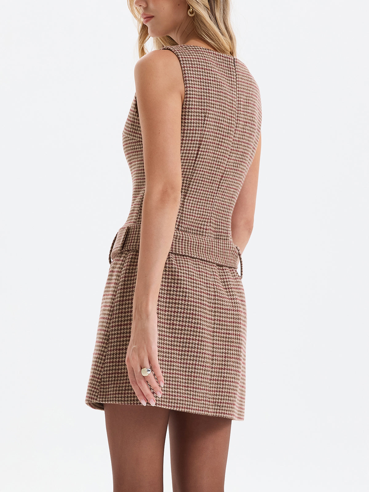 Sleeveless Belted Herringbone Mini Dress