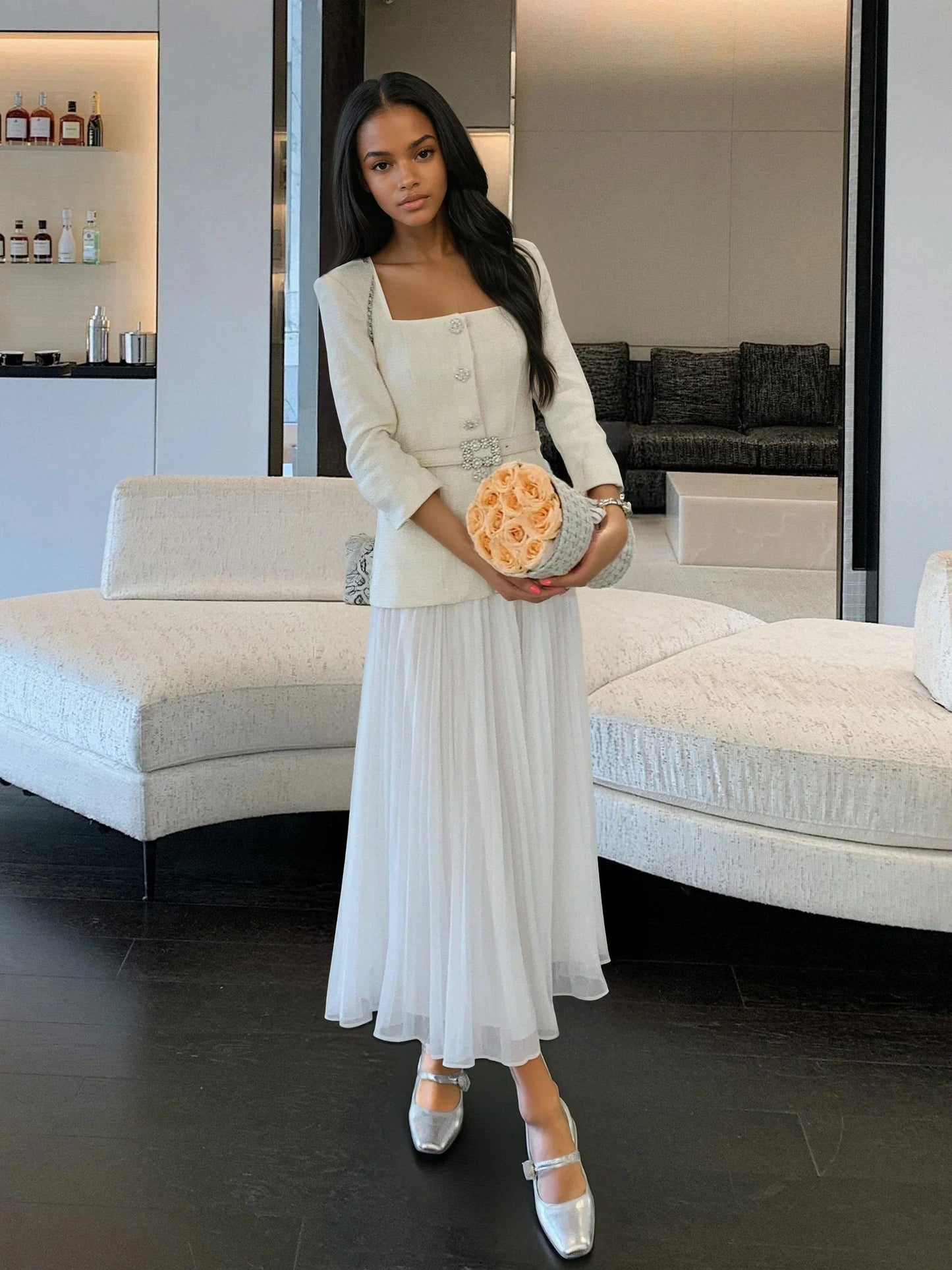 Kırık Beyaz Tüvit-Şifon Elbise