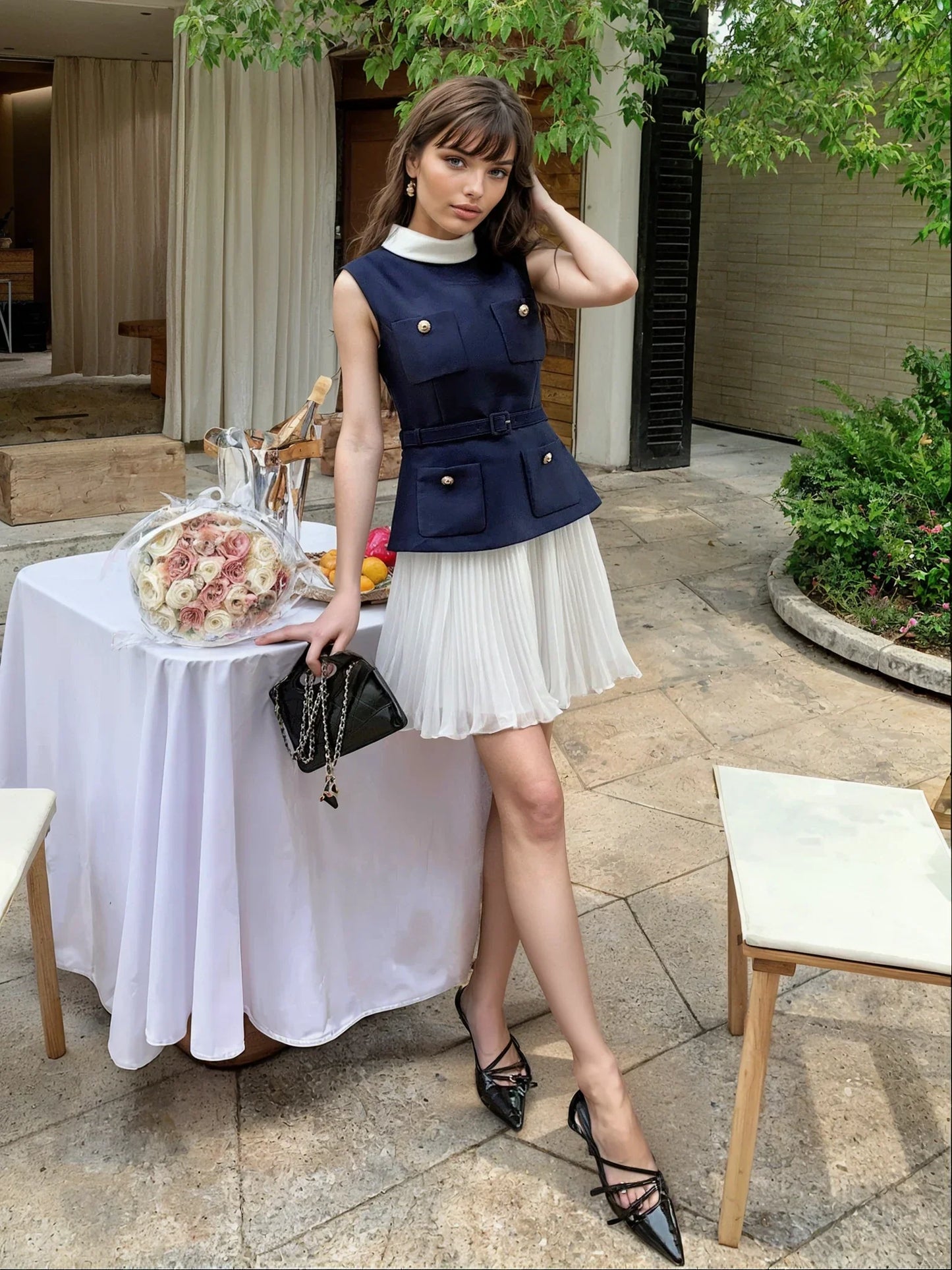 Mavi-Beyaz Şifonlu Elbise