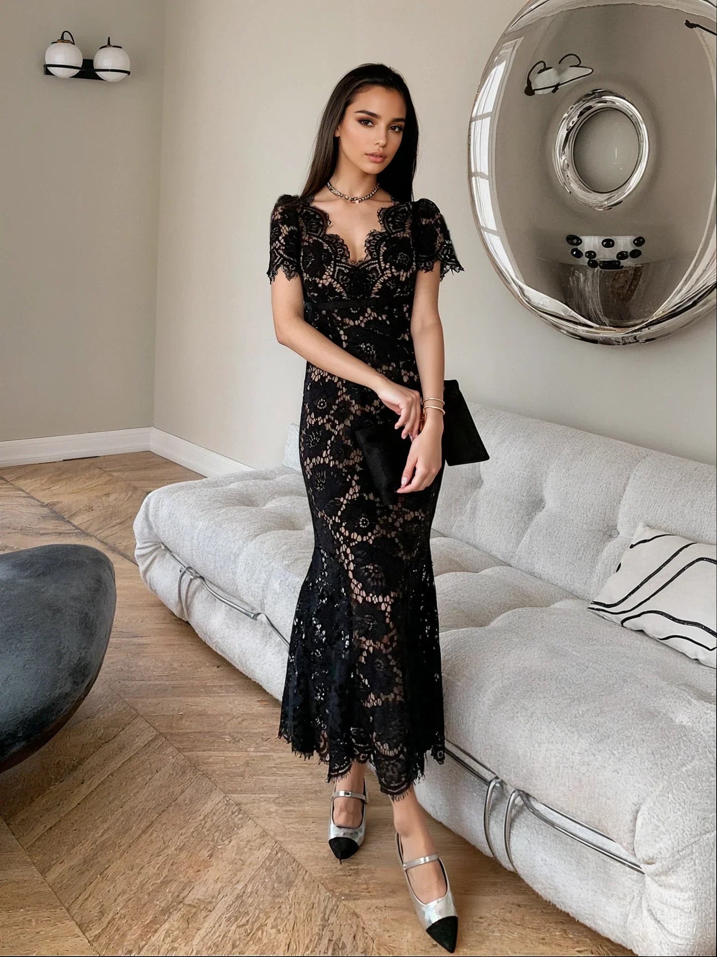 Siyah Kirpik Dantel Elbise