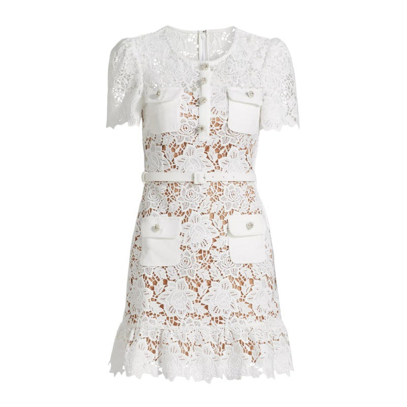 Açık Mavi & Beyaz Dantel İşlemeli Elbise