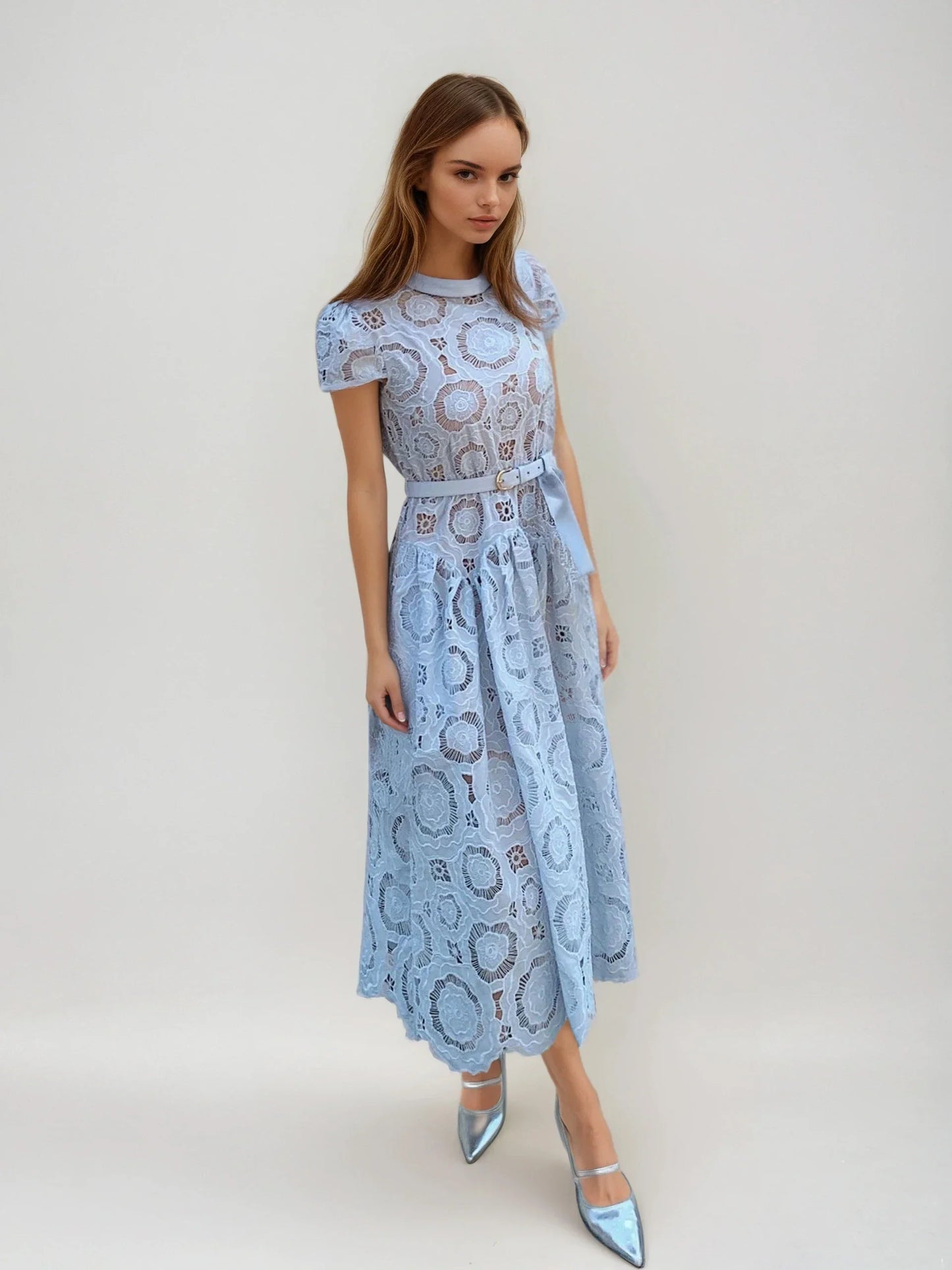 Açık Mavi Lazer Nakışlı Elbise