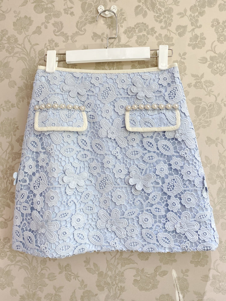 Delikli Dantel Mavi Etek