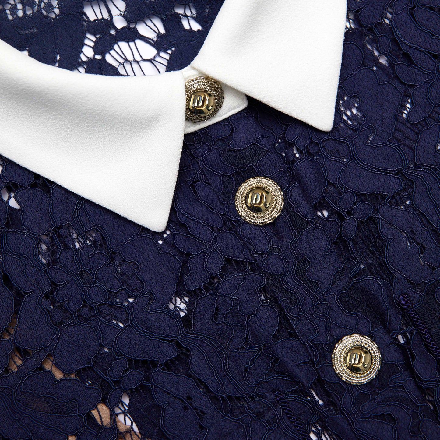 Lacivert Dantel Kontrast Yaka Midi Elbise