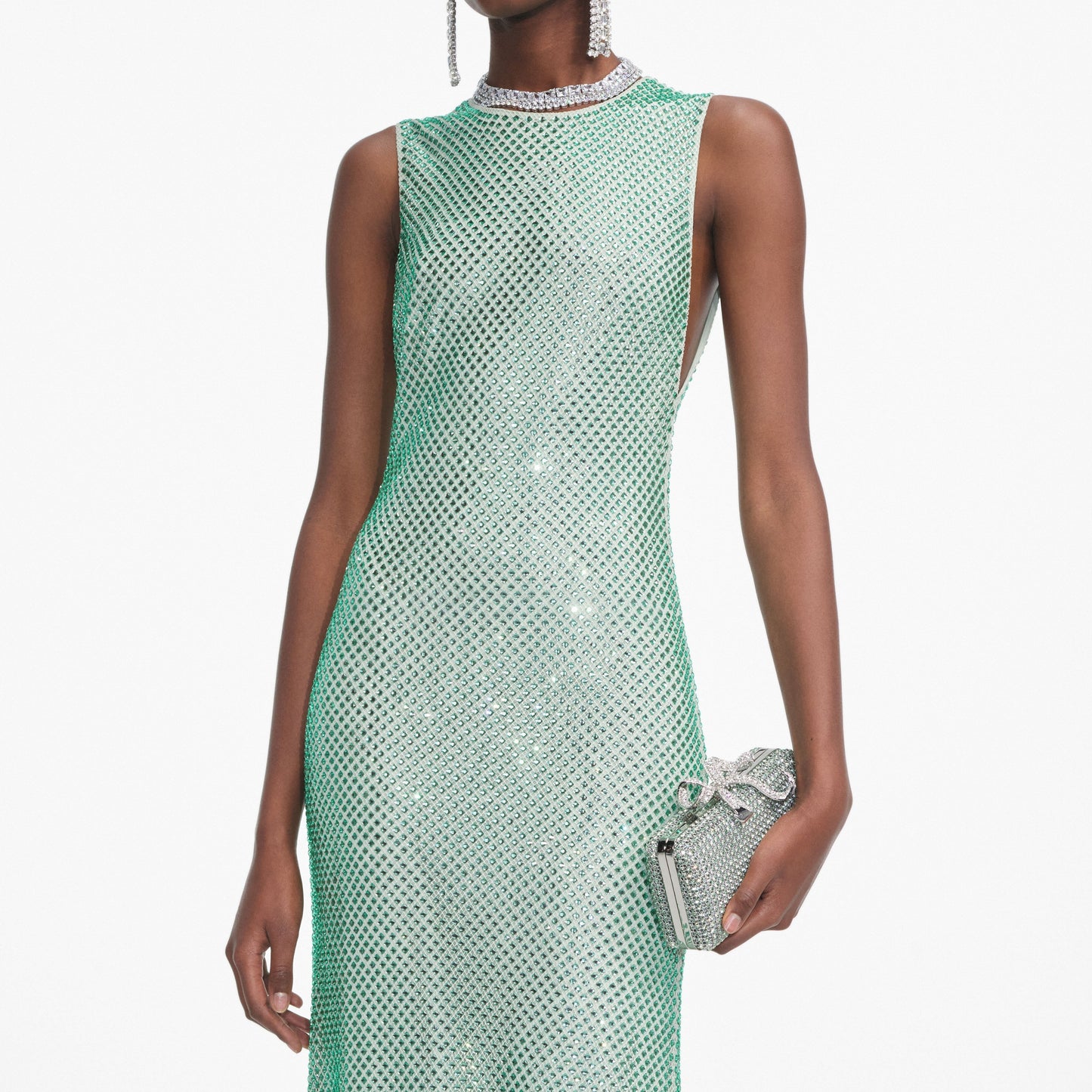 Mint Rhinestone Mesh Midi Elbise