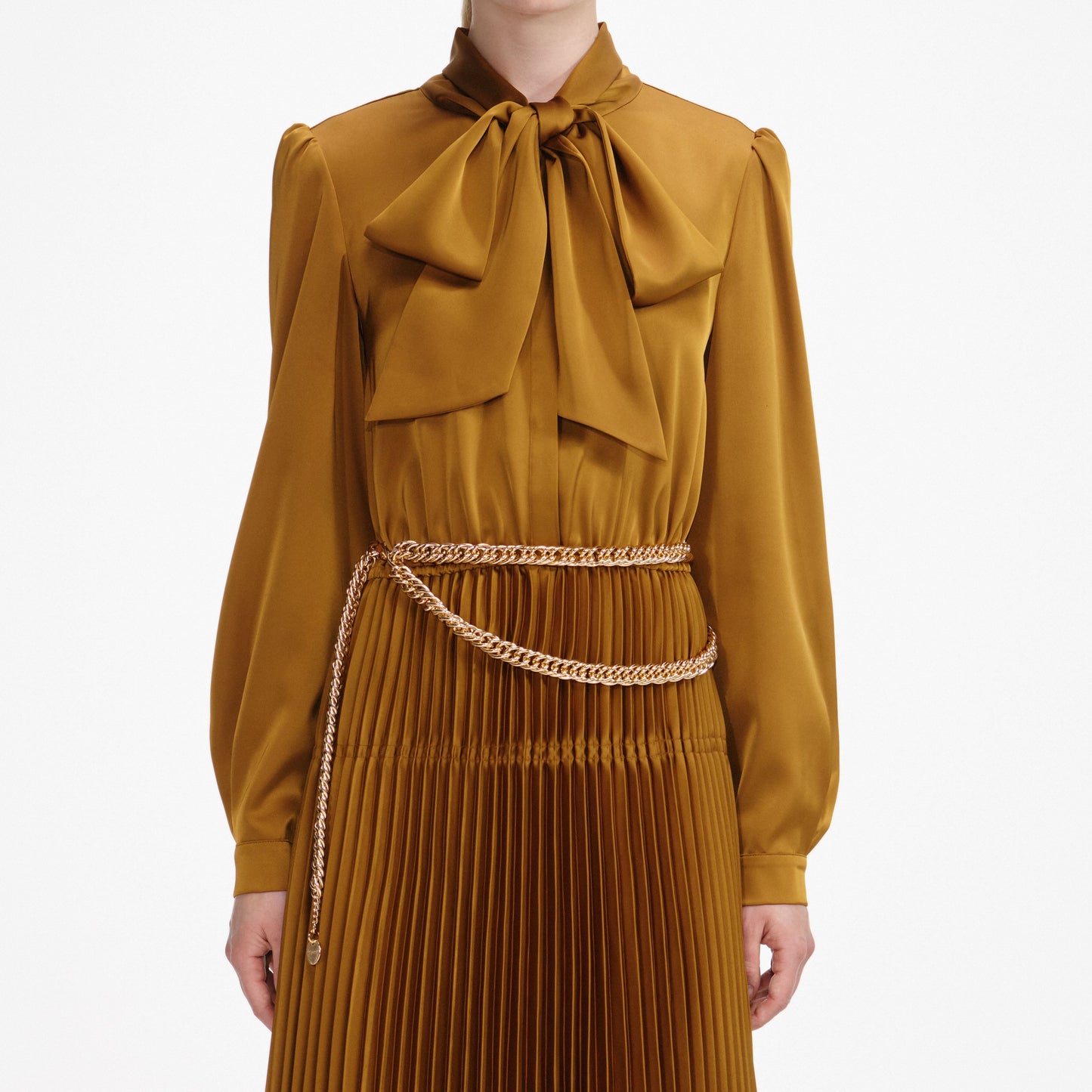 Bronz Saten Bağcıklı Uzun Elbise