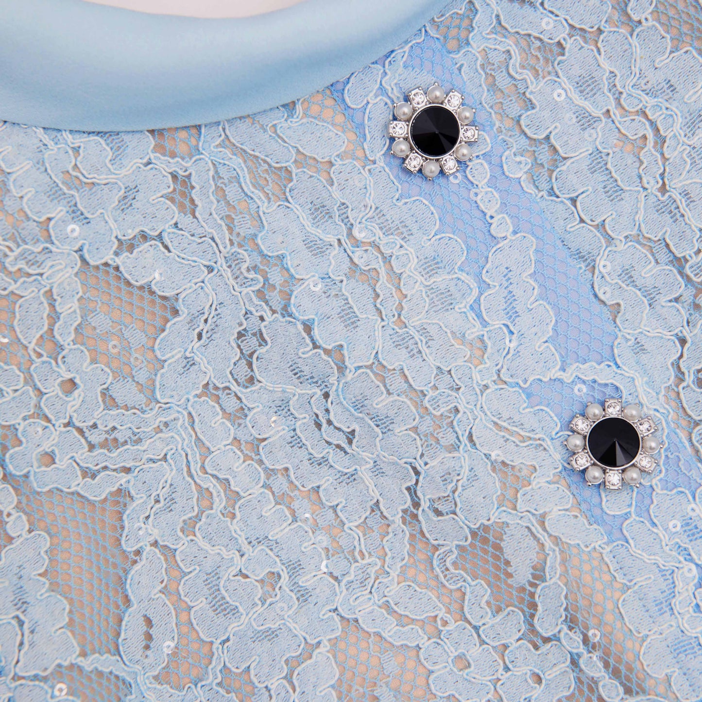 Mavi Dantel Düğmeli Midi Elbise