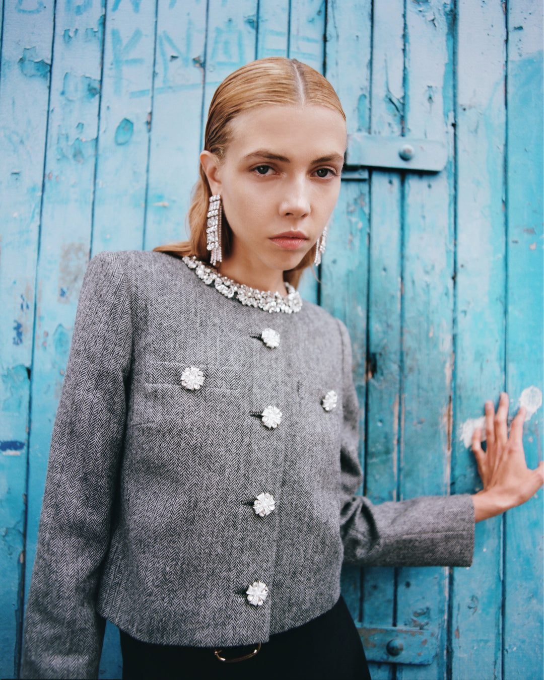 Gri Balıksırtı Kristal Kenarlı Ceket