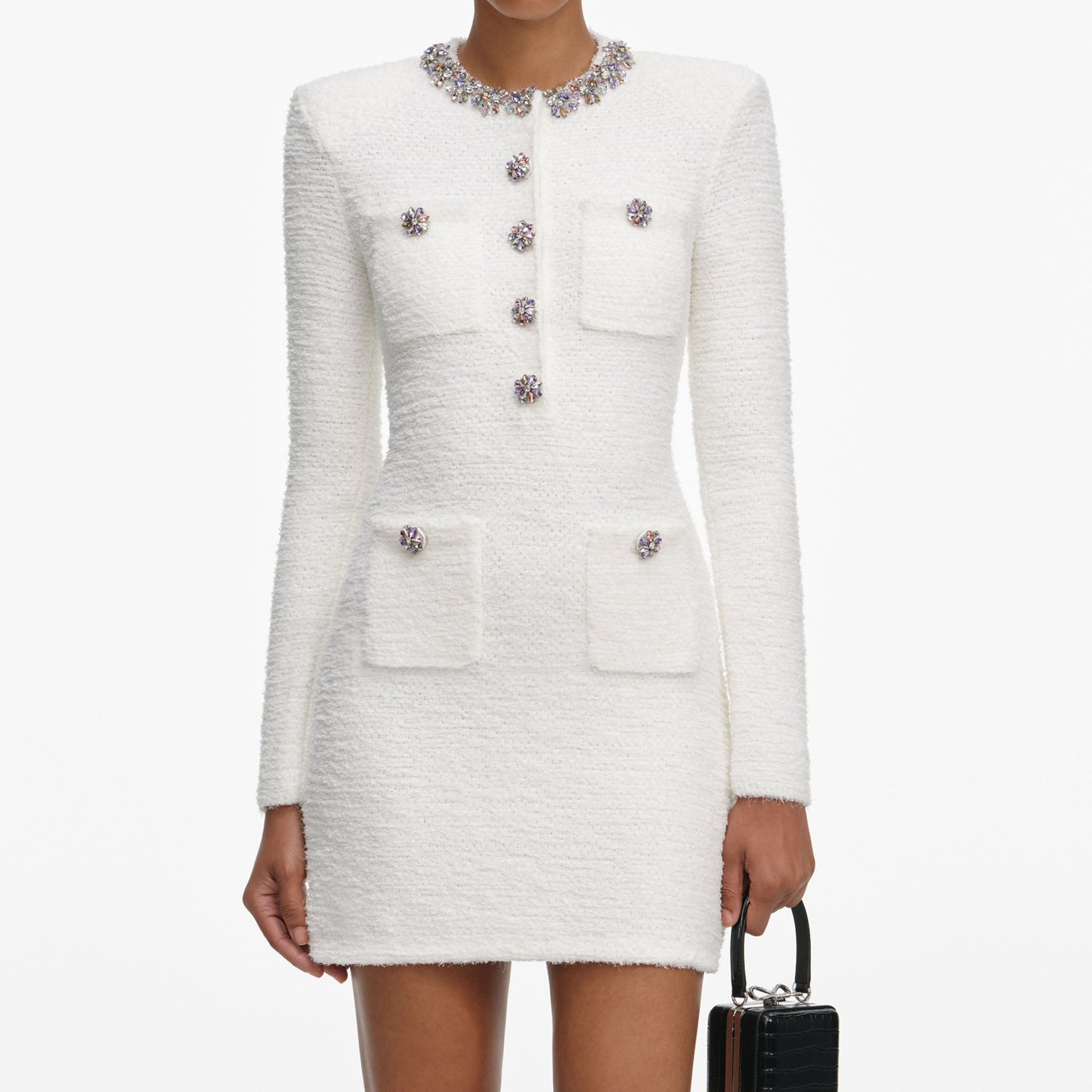 Krem Kristal Kenarlı Örme Mini Elbise