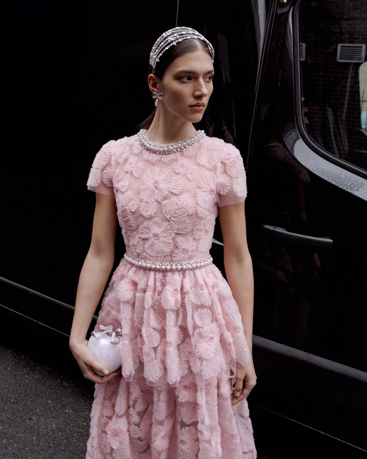 Pembe Süslemeli Tül Uzun Elbise