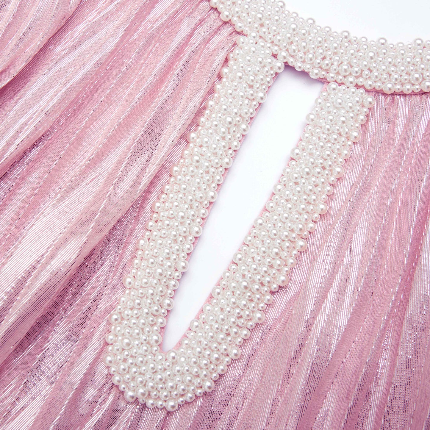 Pembe Metalik İnci Uzun Elbise