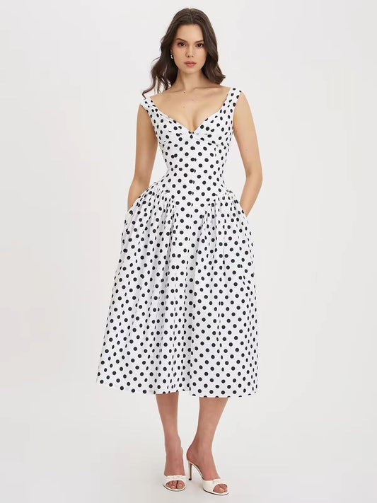 Cream Polka Dot Cotton Midi Dress