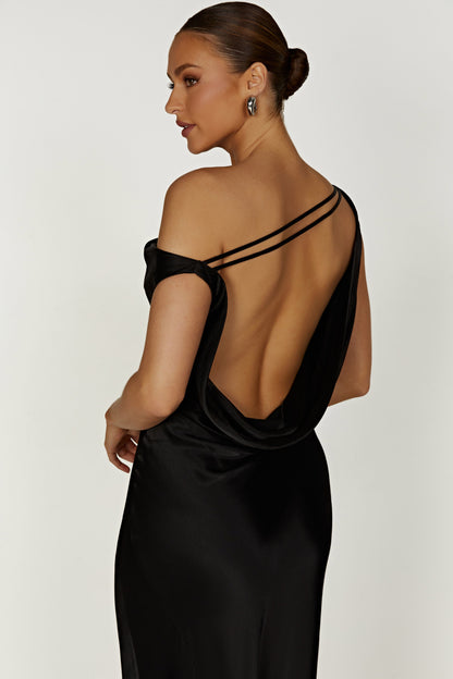 Yvette Slip Uzun Elbise Asimetrik Etek Ucu - Siyah