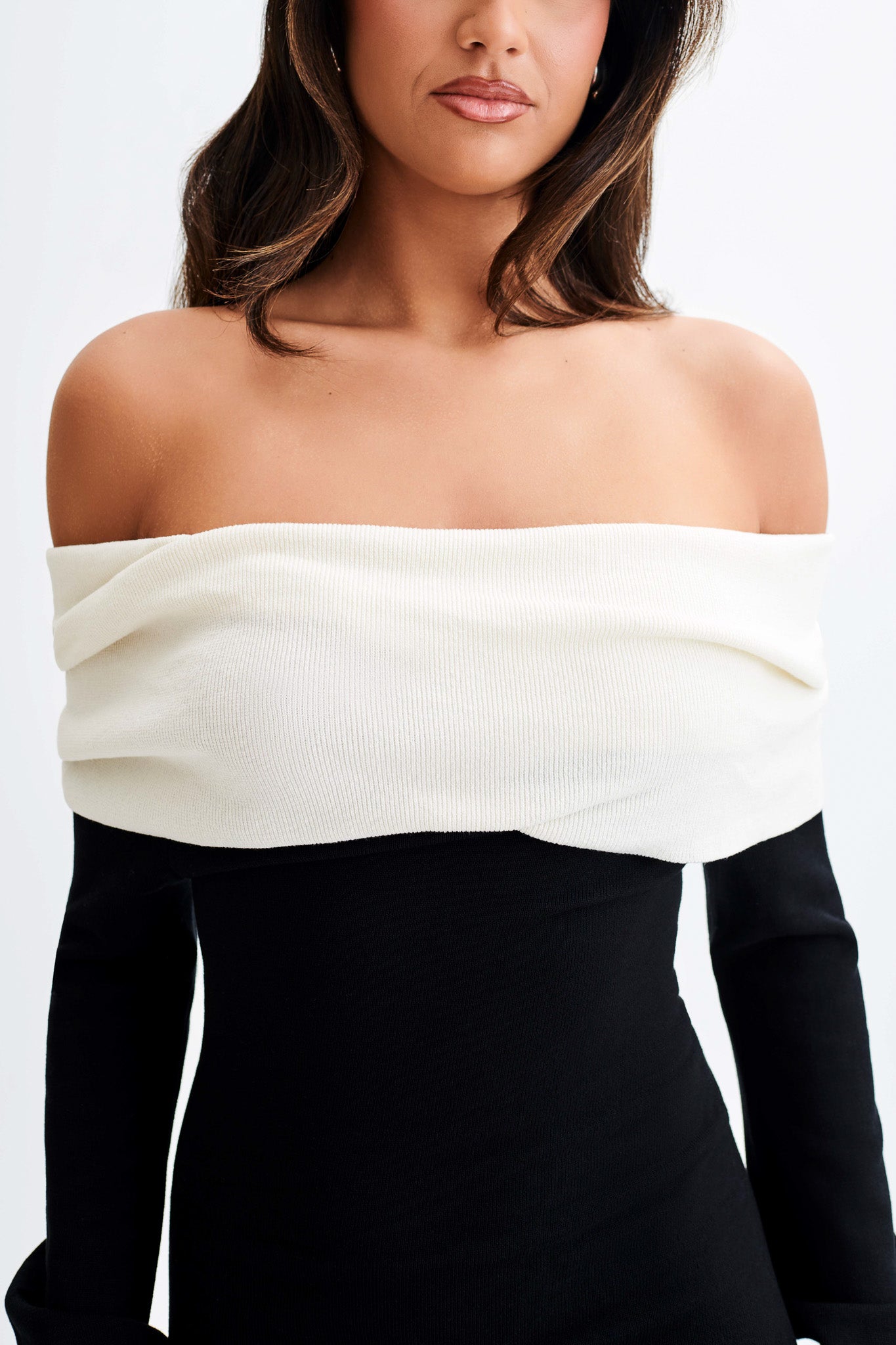 Yoko Kontrast Örgü Uzun Elbise - Siyah/Beyaz