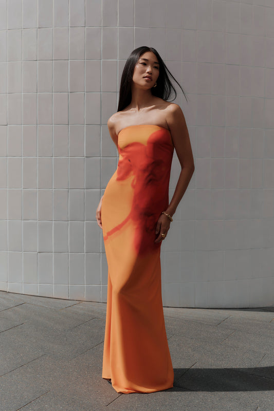 Amaya Straplez Şifon Uzun Elbise - Koi Orkide Desenli