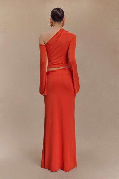 Ainsley Çiçekli Aksesuarlı Asimetrik Uzun Etek - Yanık Turuncu