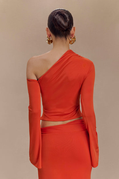 Ainsley Çiçekli Aksesuarlı Asimetrik Uzun Kollu Üst - Yanık Turuncu