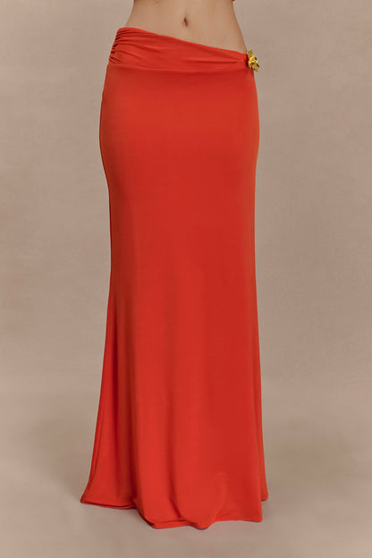 Ainsley Çiçekli Aksesuarlı Asimetrik Uzun Etek - Yanık Turuncu