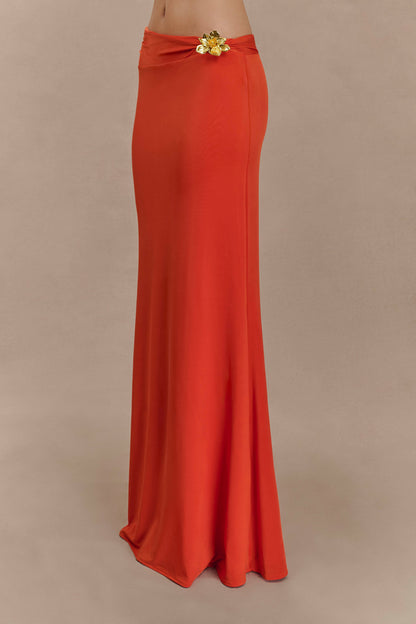 Ainsley Çiçekli Aksesuarlı Asimetrik Uzun Etek - Yanık Turuncu