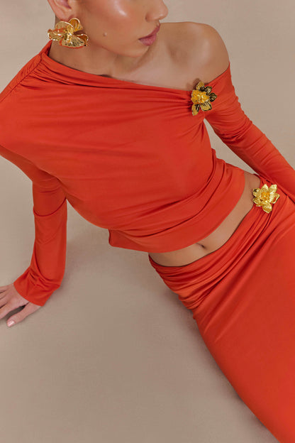 Ainsley Çiçekli Aksesuarlı Asimetrik Uzun Kollu Üst - Yanık Turuncu