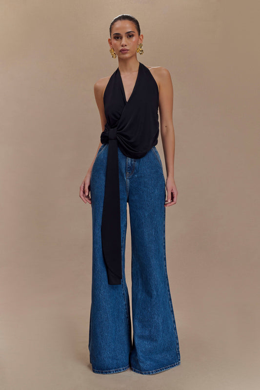 Tyla Draped Slinky Halter Top - Siyah