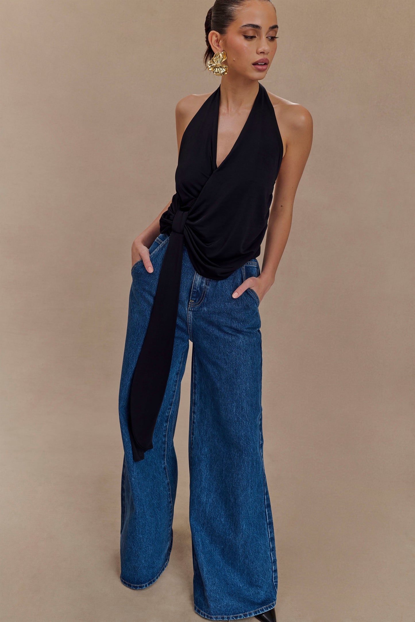 Tyla Draped Slinky Halter Top - Siyah