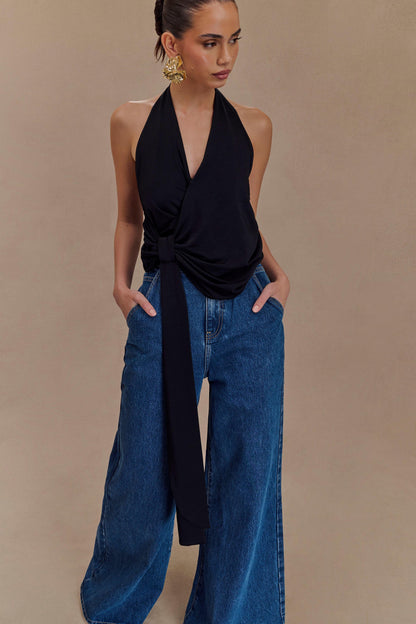 Tyla Draped Slinky Halter Top - Siyah