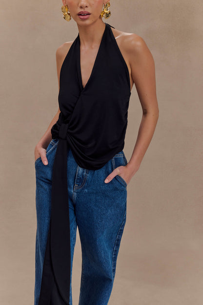 Tyla Draped Slinky Halter Top - Siyah
