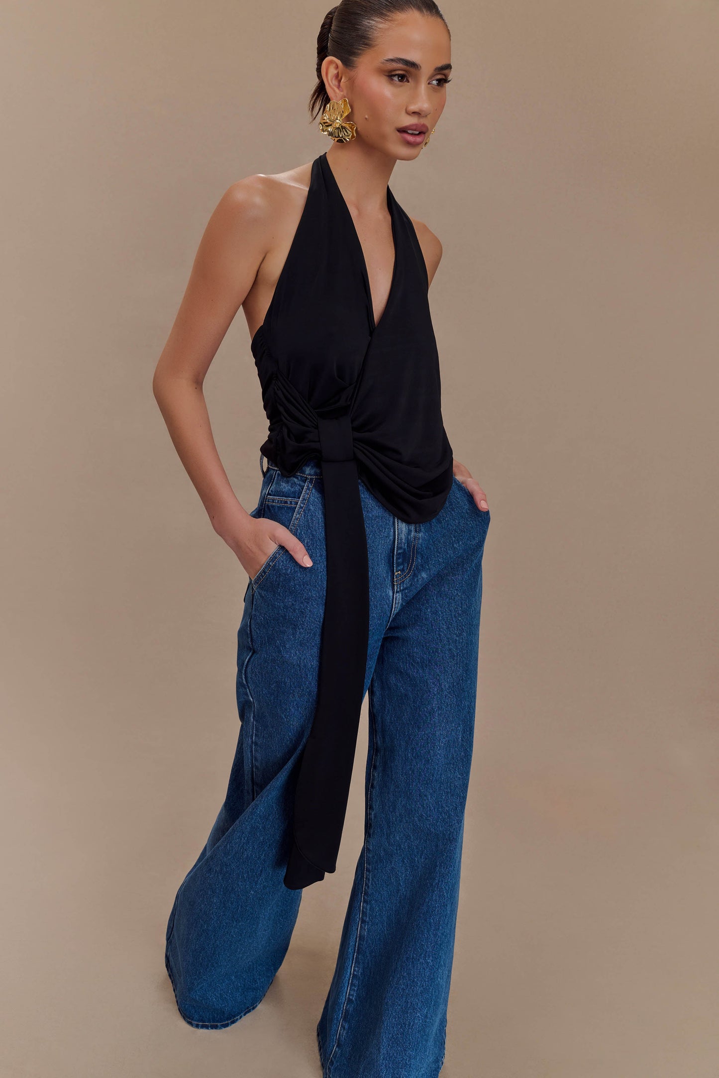 Tyla Draped Slinky Halter Top - Siyah