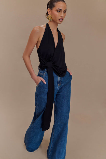 Tyla Draped Slinky Halter Top - Siyah