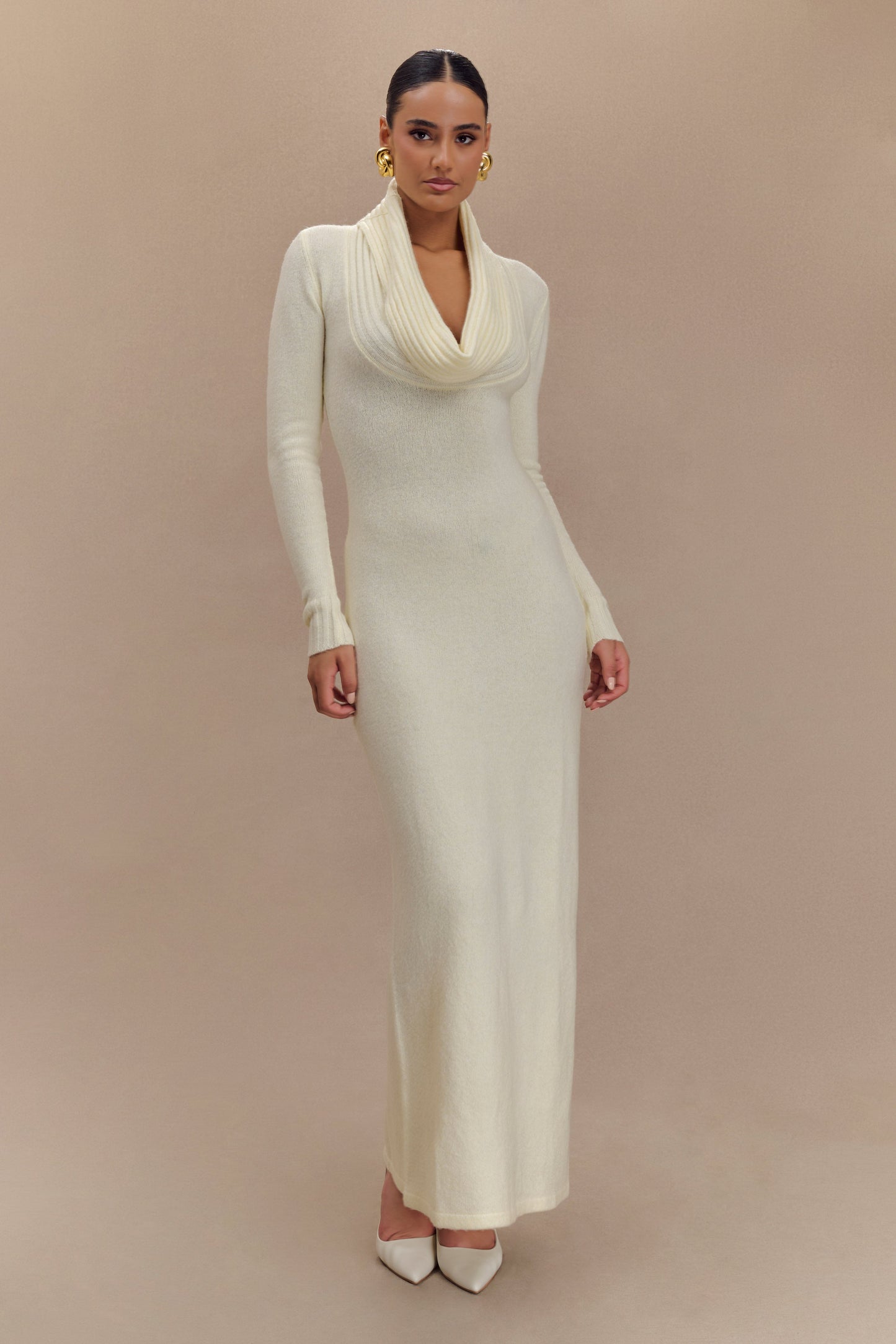 Alessandra Çift Taraflı Örme Uzun Elbise - Fildişi Marle