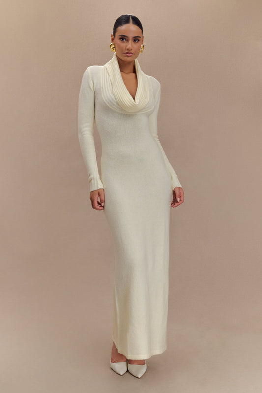 Alessandra Çift Taraflı Örme Uzun Elbise - Fildişi Marle