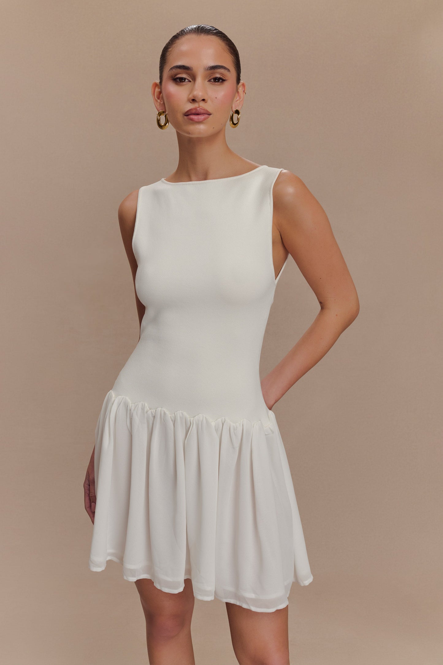 Ashleigh Örgü Ve Şifon Mini Elbise - Fildişi