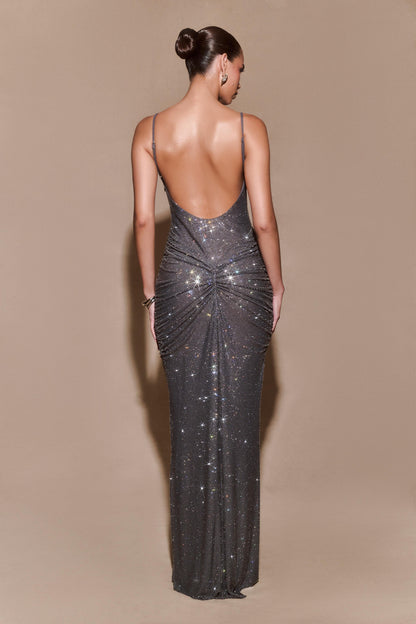 Roisin Diamante Maxi Elbise - Metalik Gri