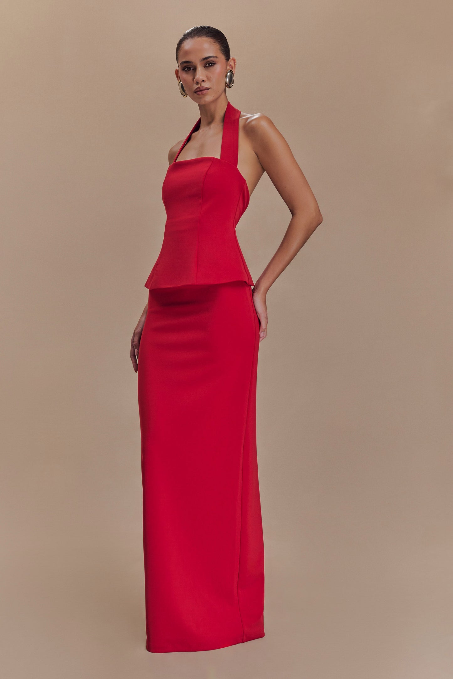 Bertie Peplum Halter Maxi Elbise - Ruby