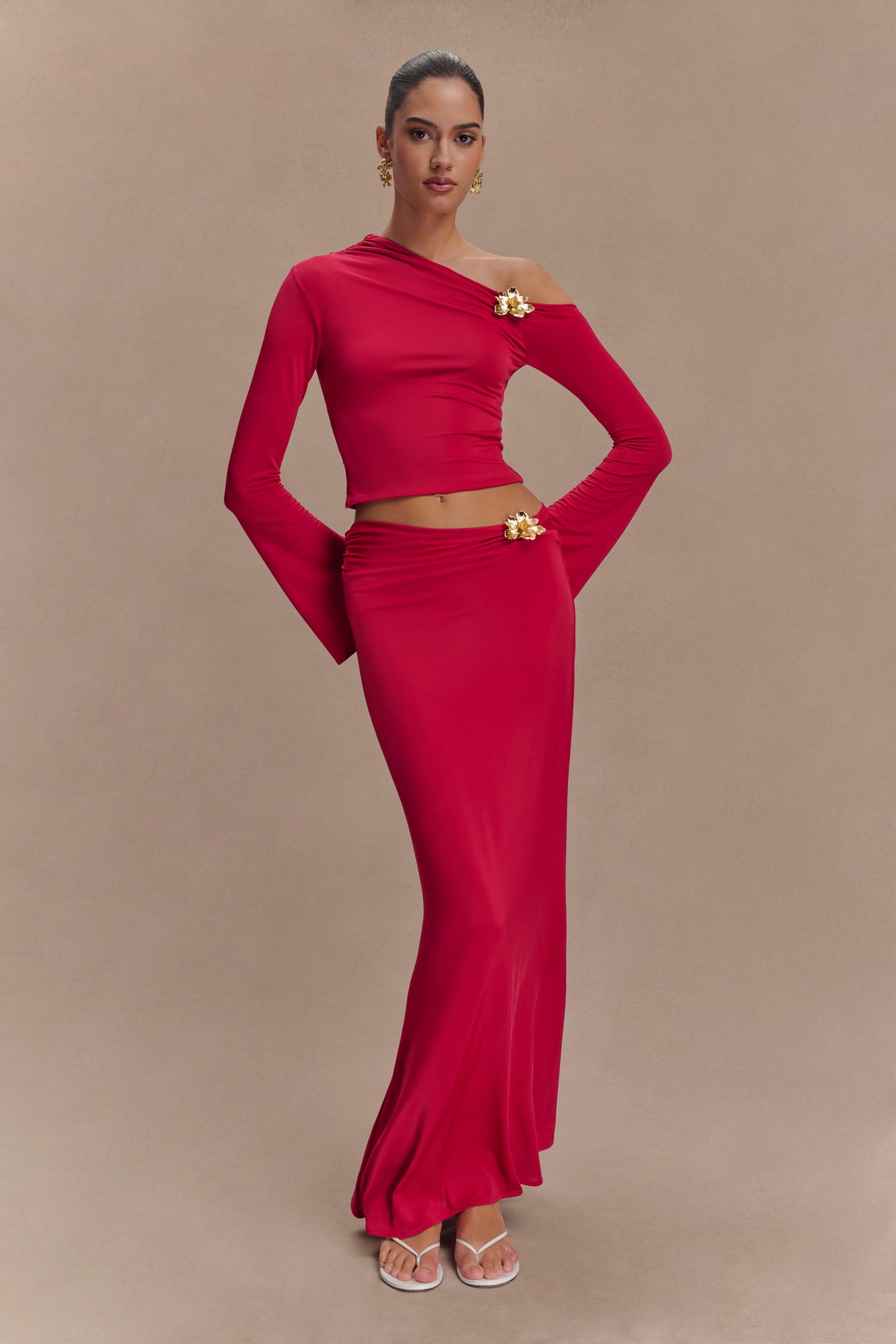 Ainsley Asimetrik Uzun Etek, Çiçek Desenli Aksesuarlı - Fuşya Pembesi