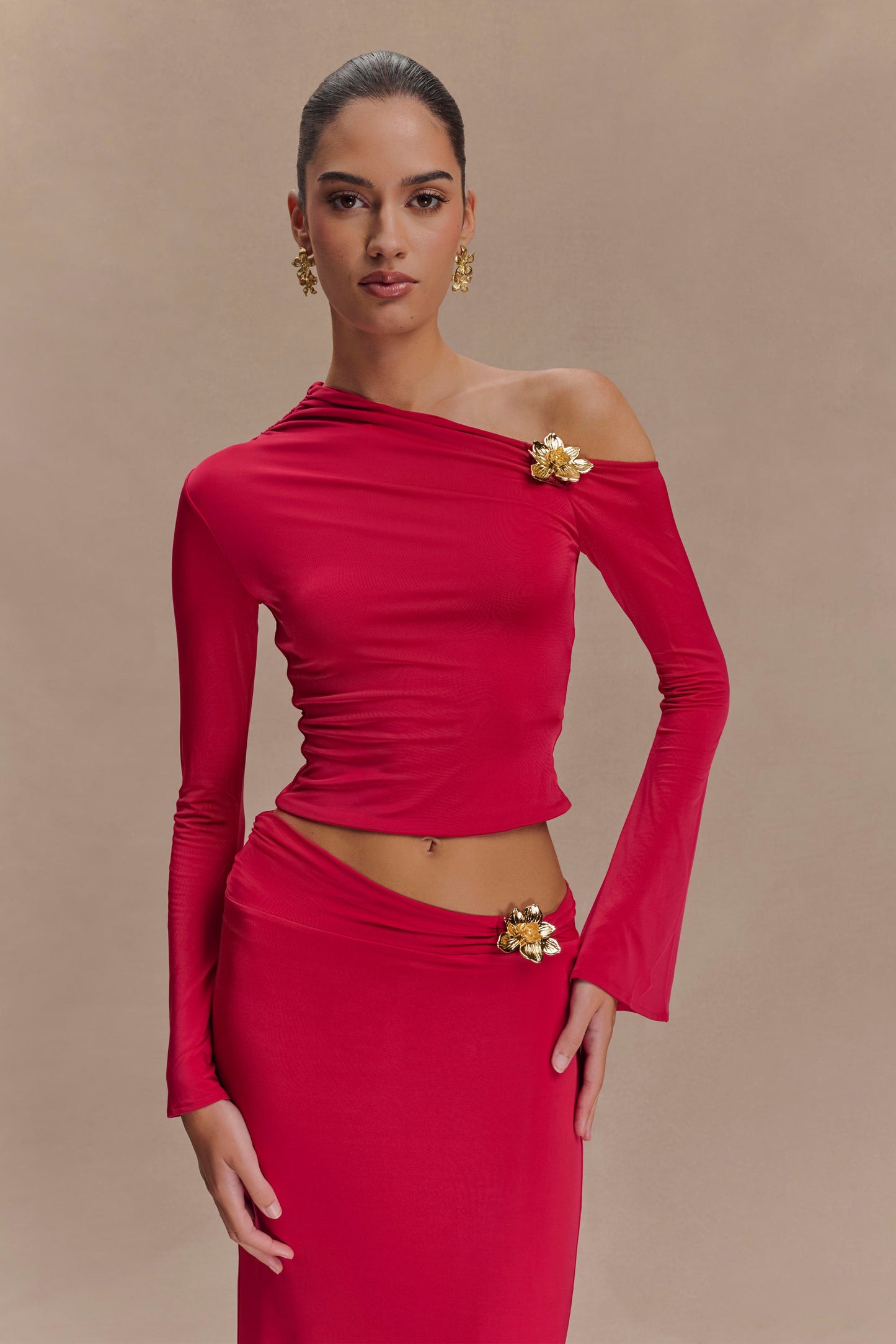 Ainsley Asimetrik Uzun Kollu Çiçekli Üst - Fuşya Pembesi