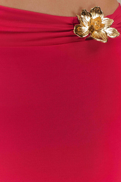 Ainsley Asimetrik Uzun Etek, Çiçek Desenli Aksesuarlı - Fuşya Pembesi