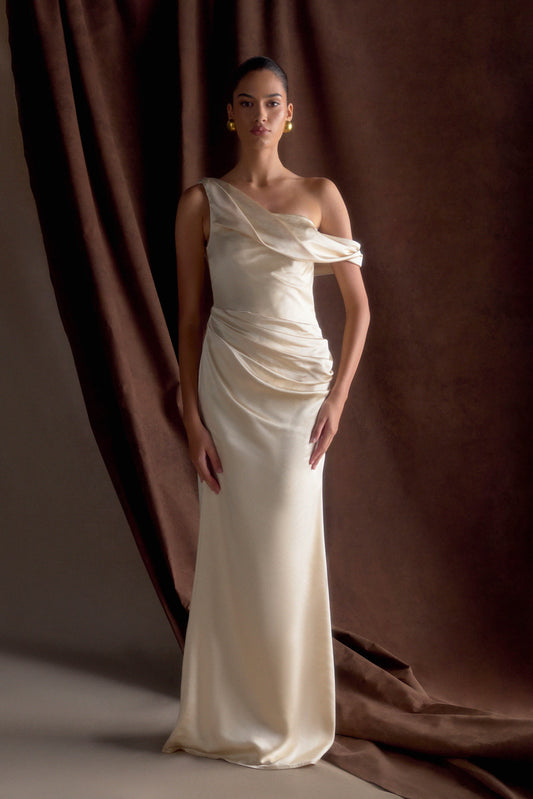 Dalia Omuz Açık Saten Uzun Elbise - Pembe Altın