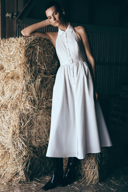 Cindy Yakalı Midi Elbise - Beyaz