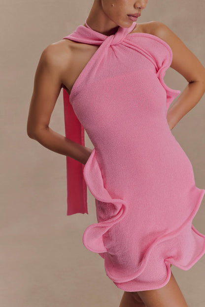 Caprice Halter Örgü Mini Elbise - Sakız Pembesi