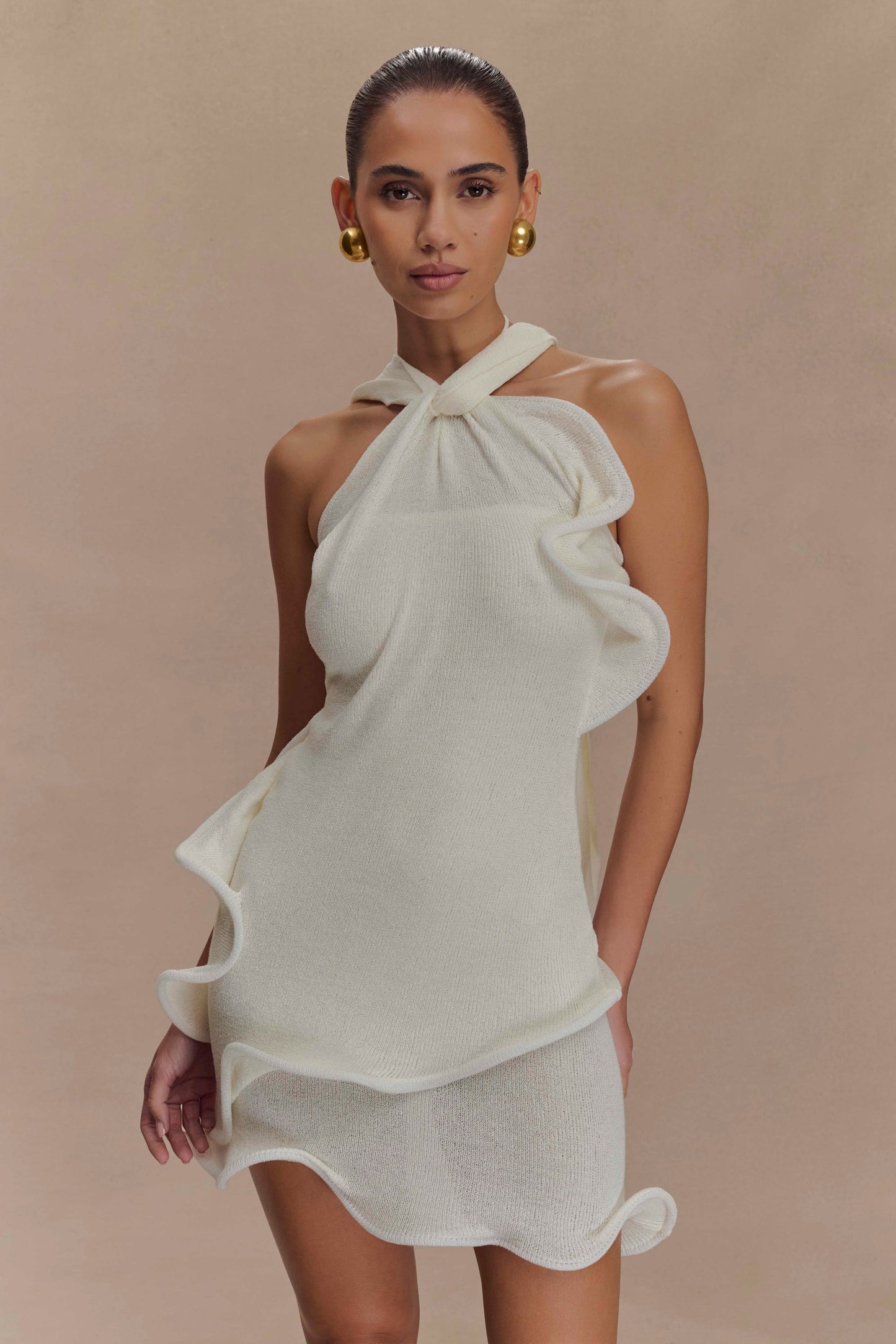 Caprice Halter Örgü Mini Elbise - Beyaz