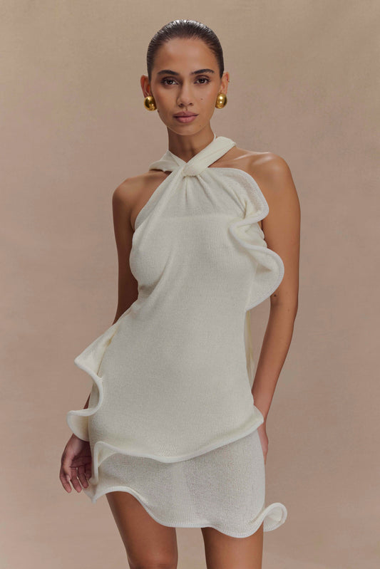 Caprice Halter Örgü Mini Elbise - Beyaz