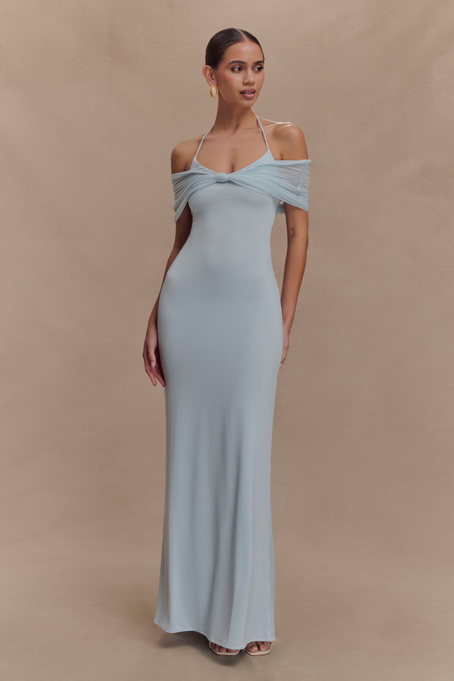 Bernadina Mesh Ve Slinky Halter Maxi Elbise - Soluk Mavi