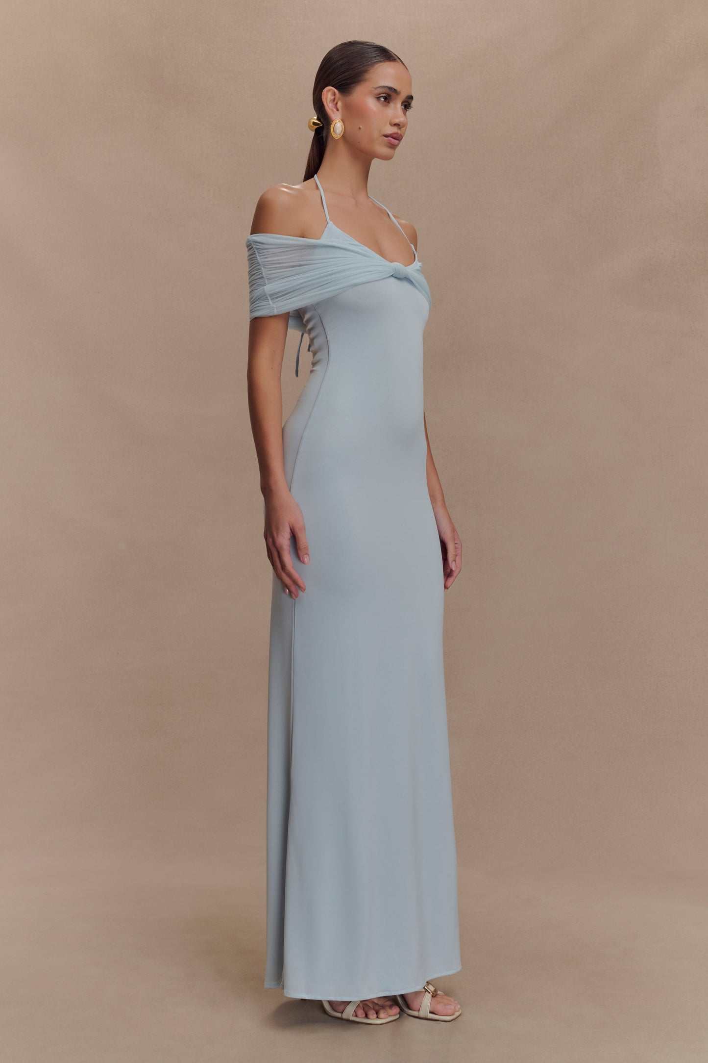 Bernadina Mesh Ve Slinky Halter Maxi Elbise - Soluk Mavi