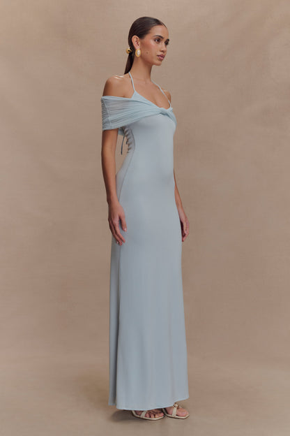 Bernadina Mesh Ve Slinky Halter Maxi Elbise - Soluk Mavi