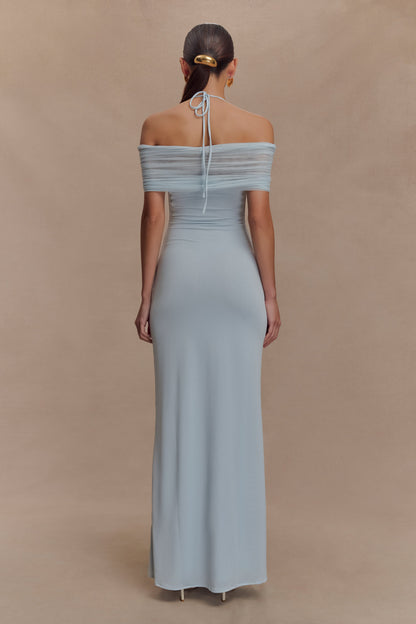 Bernadina Mesh Ve Slinky Halter Maxi Elbise - Soluk Mavi