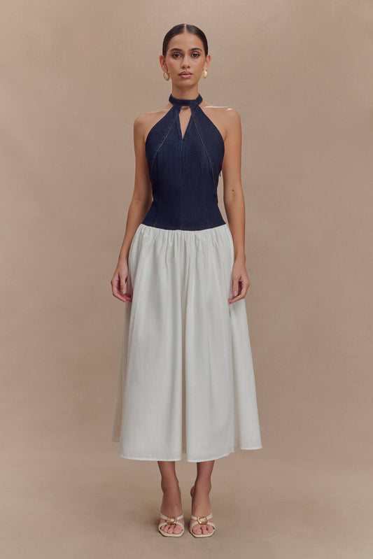 Ashwin Denim Pamuklu Midi Elbise - Çivit Mavisi